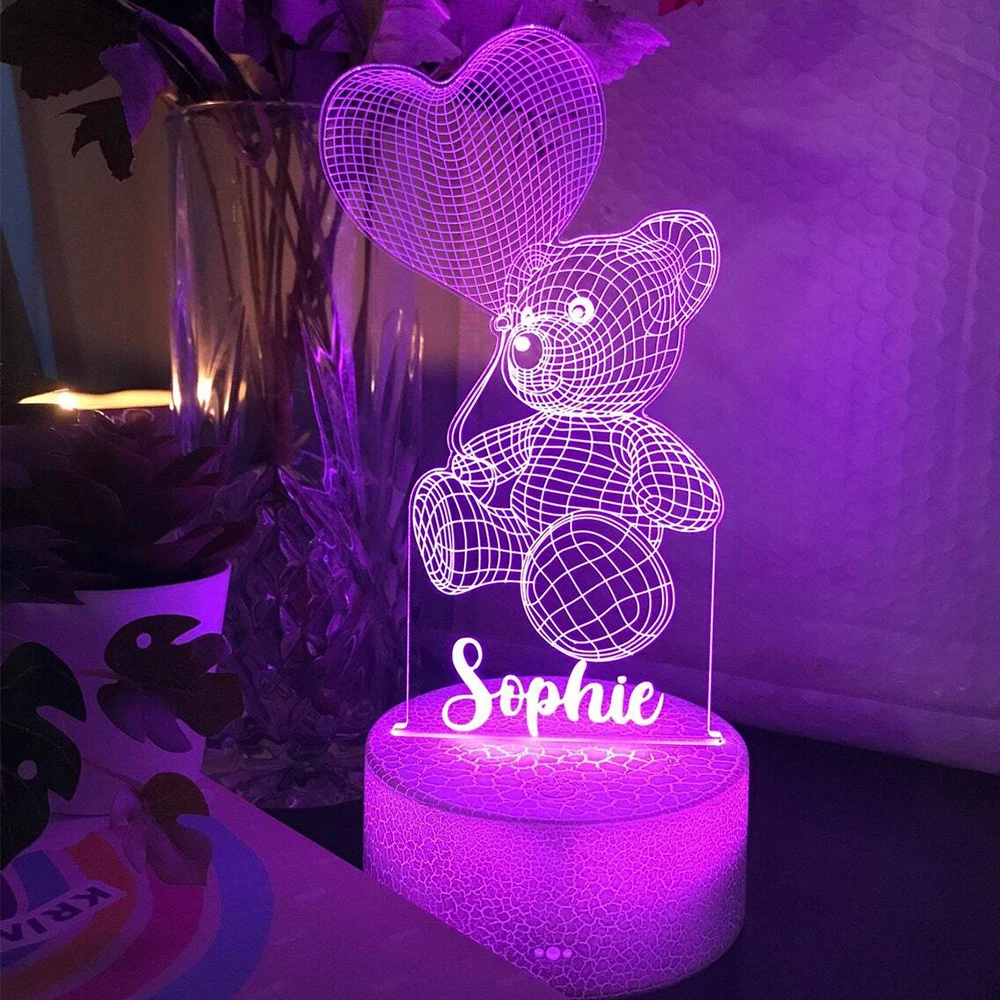 Veilleuse ours en peluche avec nom personnalisé, lampe LED 3D, décoration de chambre d'enfant, cadeau de Noël et d'anniversaire, 7,16 couleurs