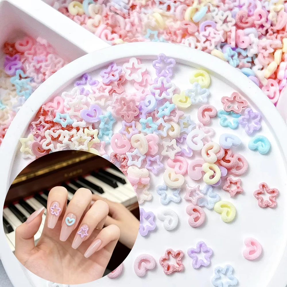 50pcs Sweet Heart Nail Charms Macaron Hollow Star Heart Flower Resin Ornaments For DIY Nails Manicure Handcraft Accessories