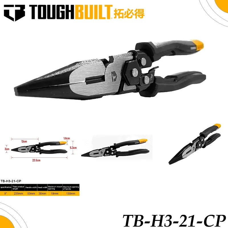 ToughBuilt TB-H3-21-CP Long Nose Multi Function Pliers, Heavy Duty Electrician Wire Cutting Crimping Hand Pliers
