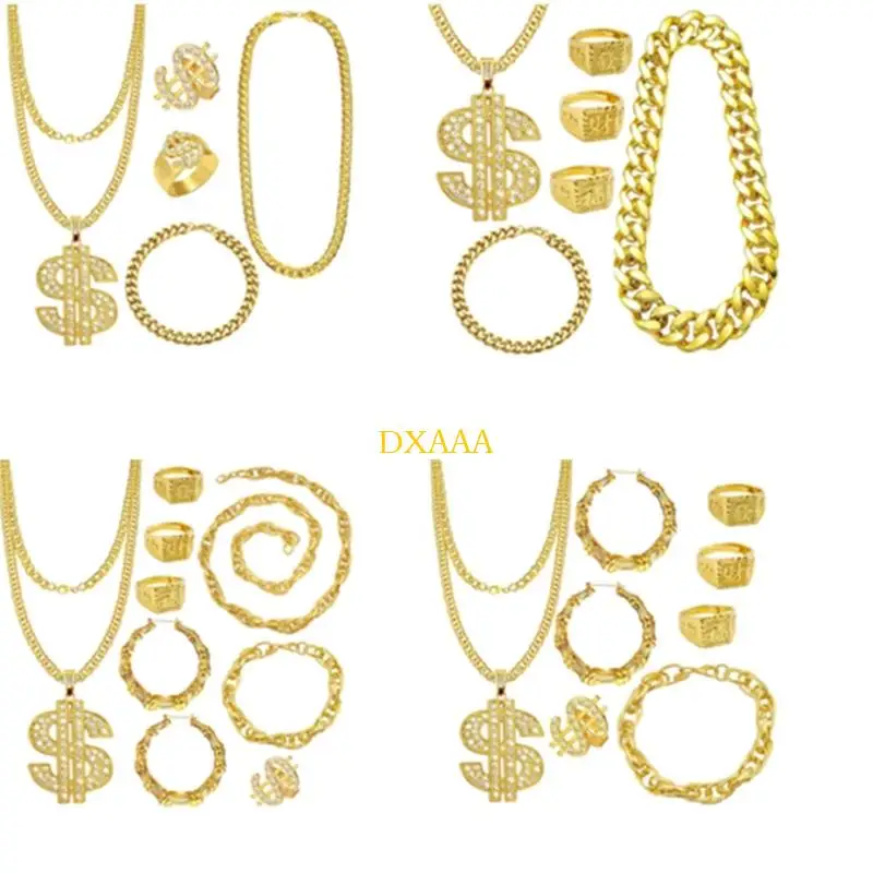 

DXAA смелые кольца в стиле хип-хоп, ожерелье, комплект ювелирных изделий для женщин и мужчин, аксессуары в стиле панк-рок, для