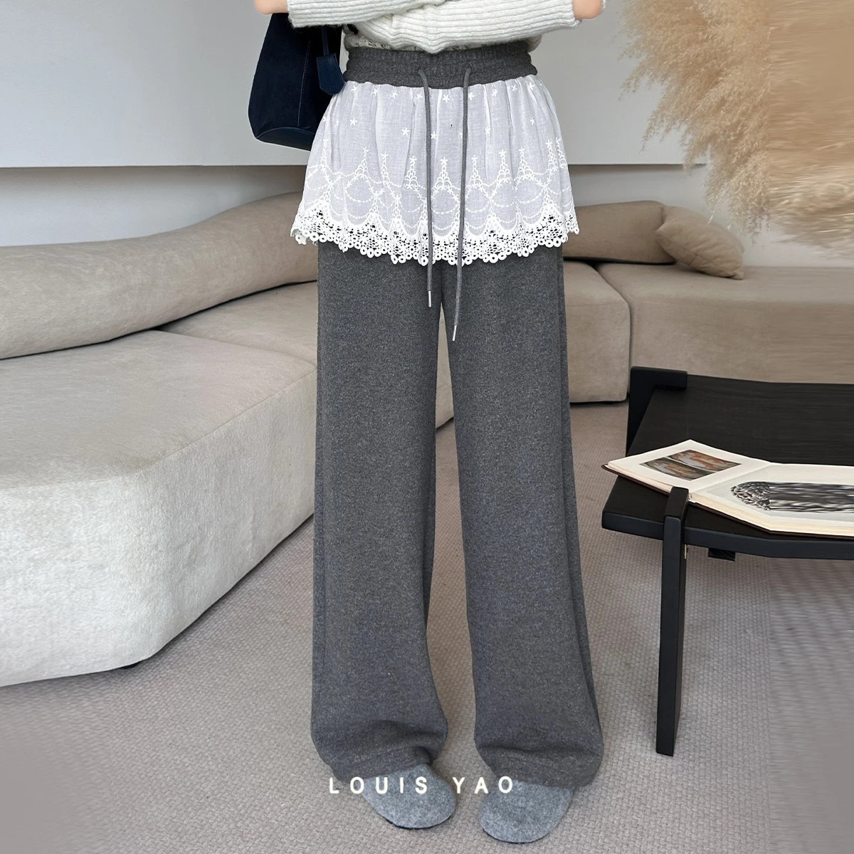 

LOUIS YAO, кружевные прямые повседневные брюки с цветными блоками, осень/зима 2022, утепленные женские брюки в корейском стиле на флисовой подкладке