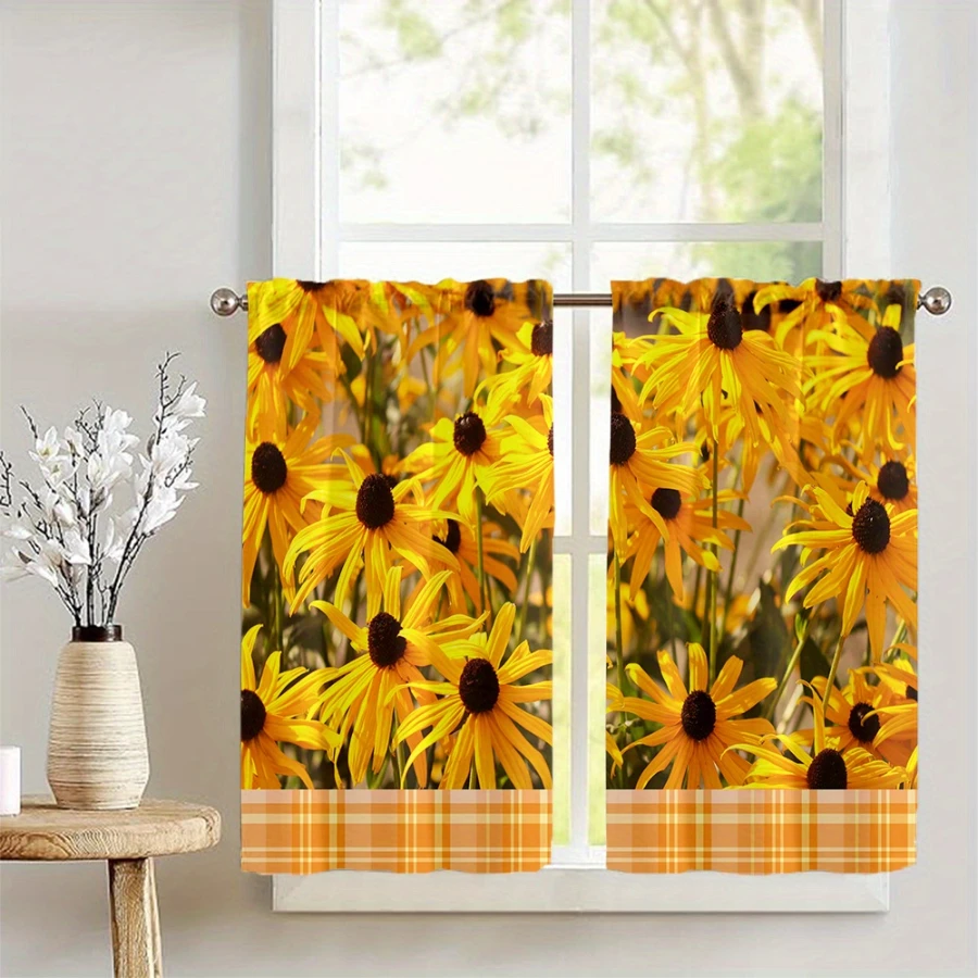  Black-Eyed Susan Orange Plaid Border Print Kitchen Curtain, Rod Pocket Tiers for Autumn Country Kitchen Decor