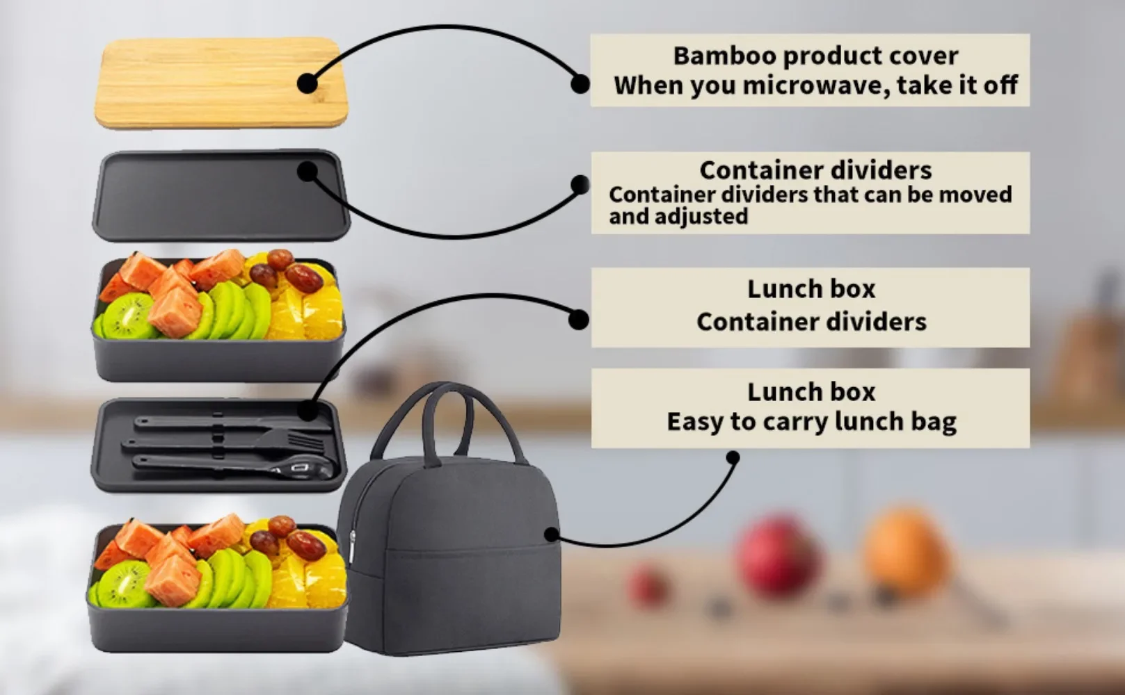 Bento-Lunchbox für Erwachsene, 2-stufiges Aufbewahrungsbehälter-Set für Lebensmittel mit Besteck für Kinder/Kinder, zerkleinerer, mikrowellengeeignet und spülmaschinenfest – Detail 15