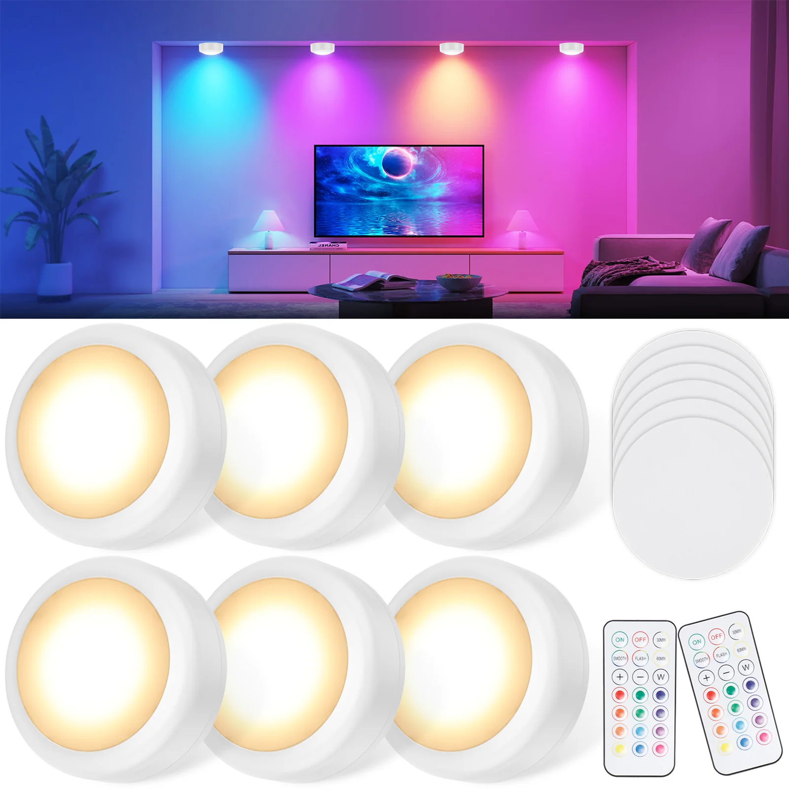 

6Pcs LED Puck Night Lights Remote Control Dimmable and Timing Battery Operated Ambient Light for Kitchen Closet Shelf Wall Decor