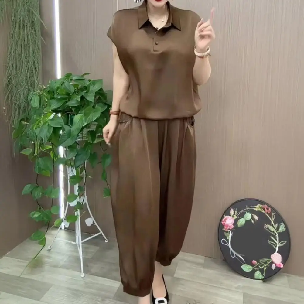 

2 Pcs/Set Summer Pant Sets For Round Neck Half Sleeves Blouse Wide Leg Elastic Waist Trousers With Pockets Loose Outfit
