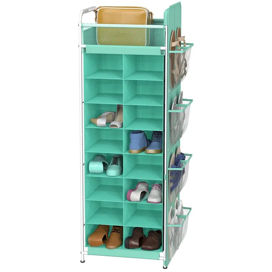 

Стеллаж-органайзер для обуви на 16 пар, 8-ярусный, с верхней полкой и боковыми карманами, бирюзовый