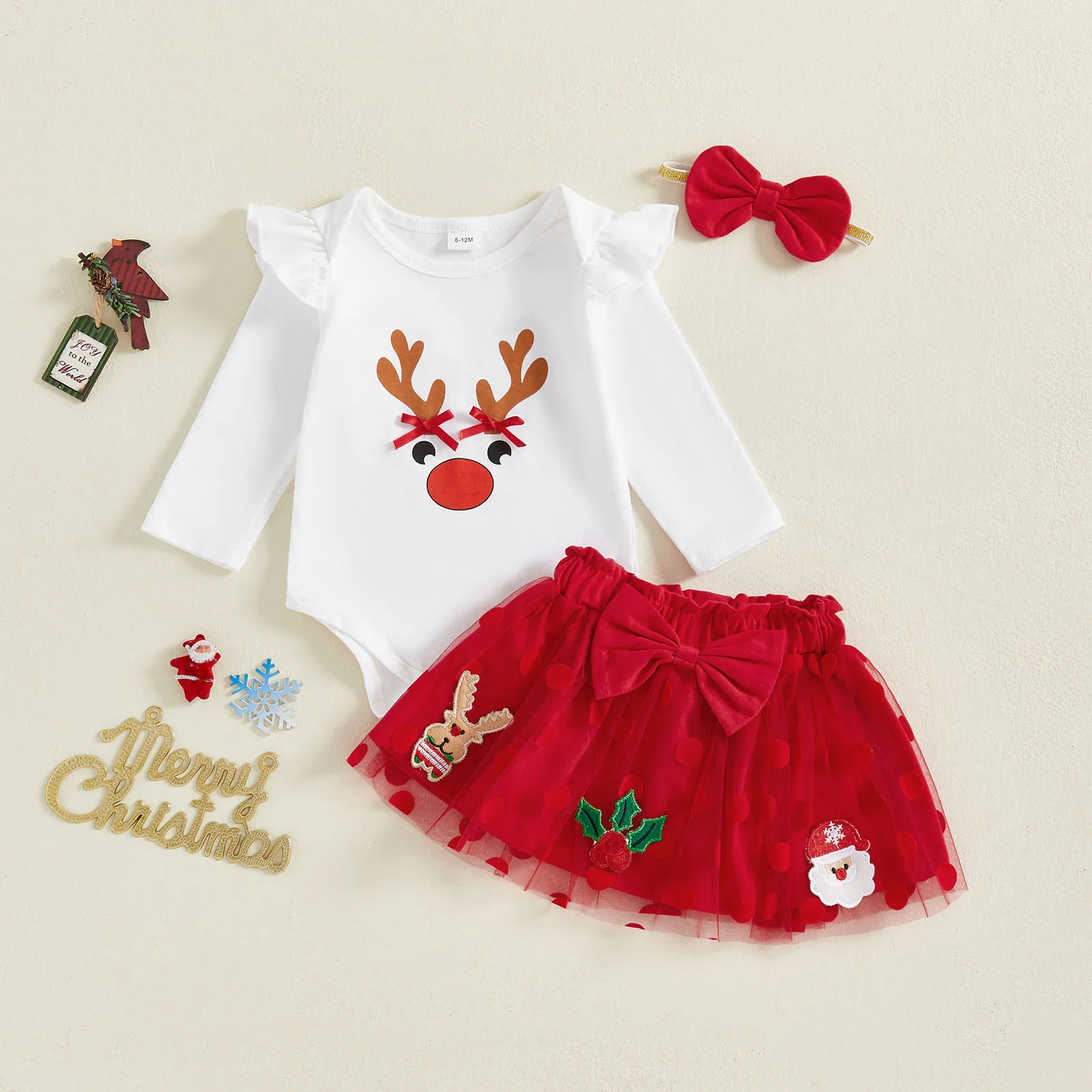 FOCUSNORM 2 ألوان جميلة طفل الفتيات عيد الميلاد الملابس مجموعات 0-18 متر طويلة الأكمام الرنة طباعة بذلة عقال القوس شبكة تنورة