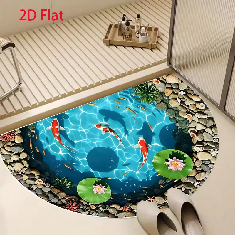 3D Simulation Clear Koi Fish Pond Pebble Stone Lotus Non Slip Semicircle Doormat Oriental Bathroom Half Circle Bath Rug