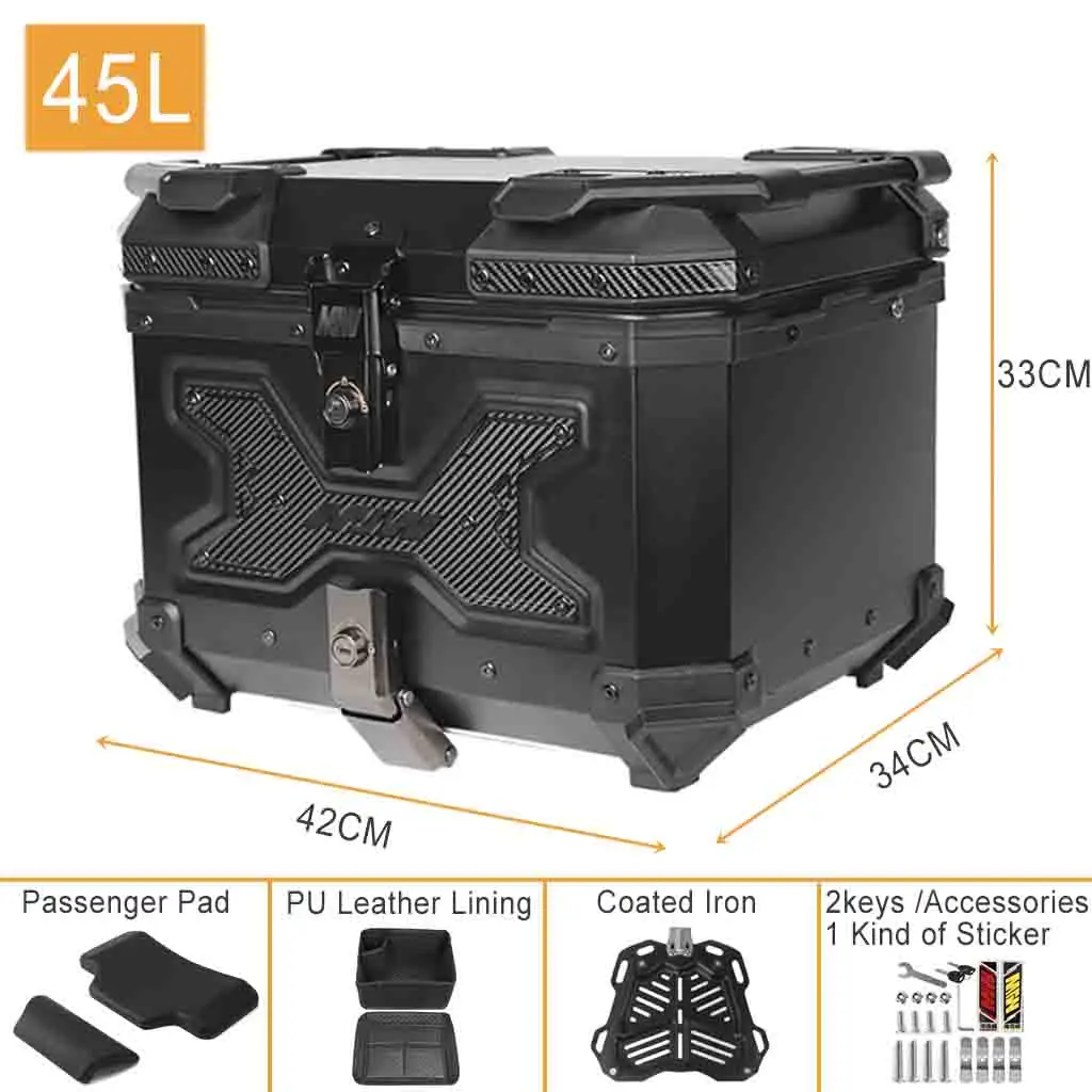 Aluminum 45L Motorcycle Trunk Rear Luggage Box Top Case Tool Storage Topcase Toolbox Tail Travel Topbox Waterproof Universal