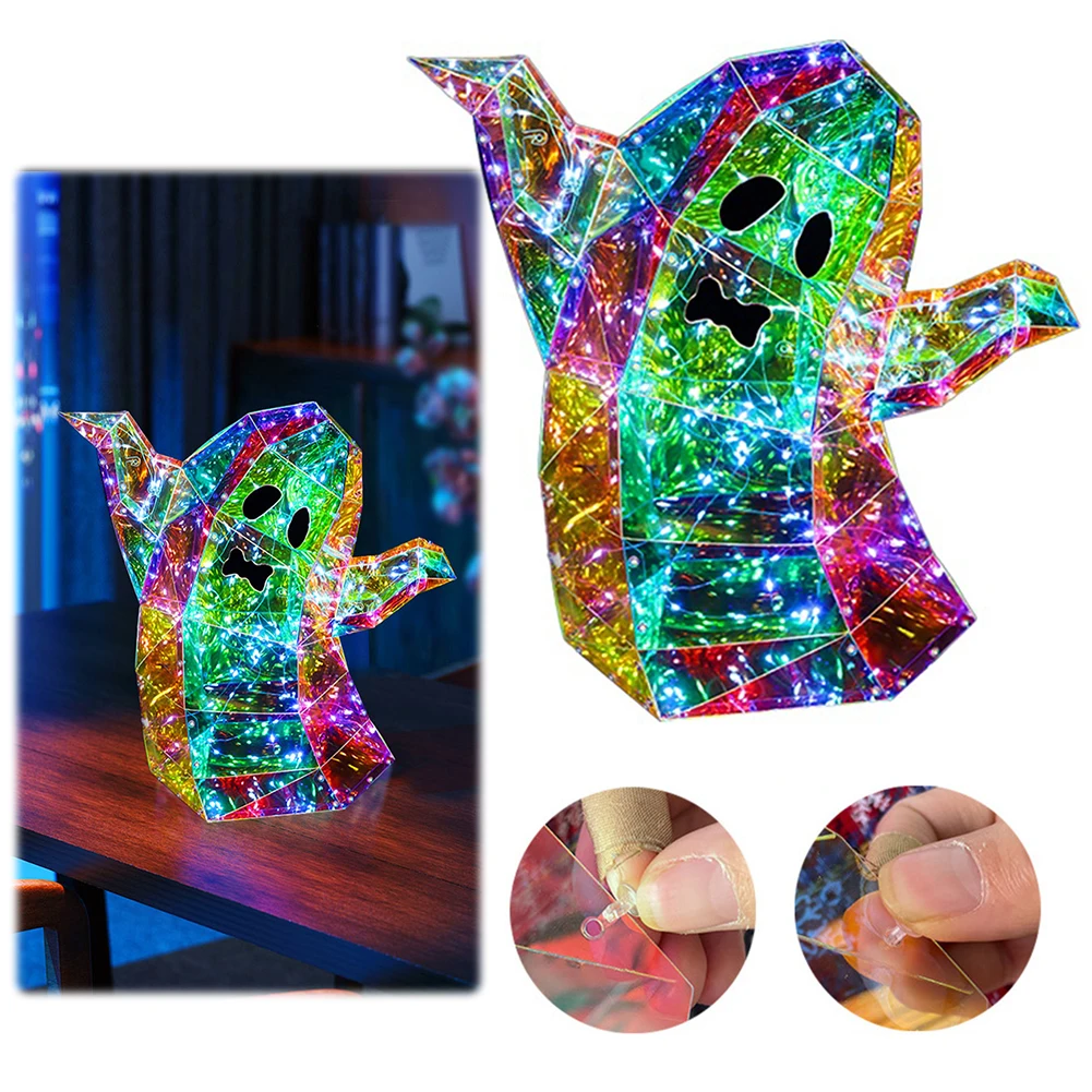 Halloween Ghost Colorful Light Funny Colorful Ghosts Face LED Light Prismatic Iridescent Ghost Lamp Desktop Figurine Decoration