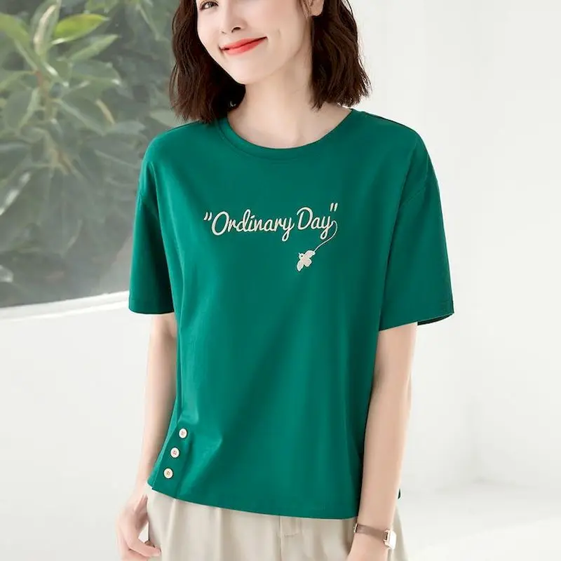 

100% Cotton T Shirts Women Fashion Letters Embroidery T-shirt Korean Loose Casual O-Neck Short Sleeve Tops Summer Bottom Tshirt