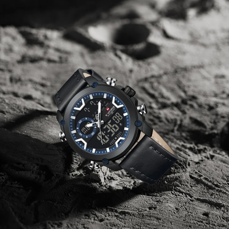 

NAVIFORCE Men Dual Display Watch 3ATM Waterproof Luminous Hands Genuine Leather Strap Military Sports Quartz Watch Gifts box