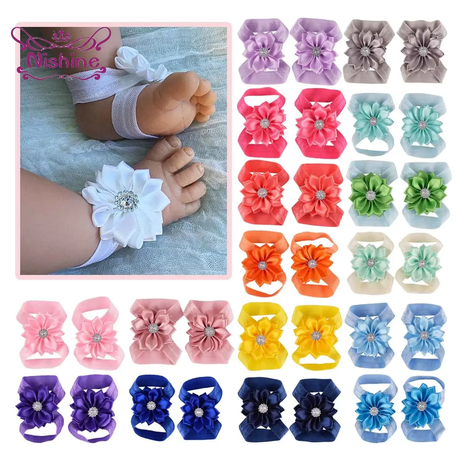 Cute 2pcs/pair Chic Satin Ribbon Flower Barefoot Sandals Baby Shower Gift Girls Newborn Toddler Kids Photography Props