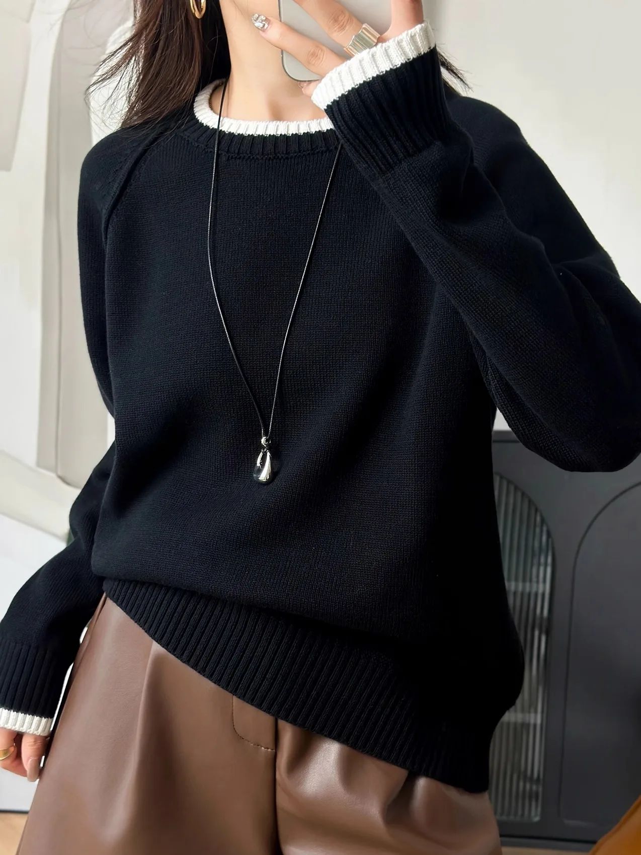 

Женский круглый вязаный свитер из чистого хлопка, длинный свек, повседневный свободный крой, мягкая ткань, осень-зима