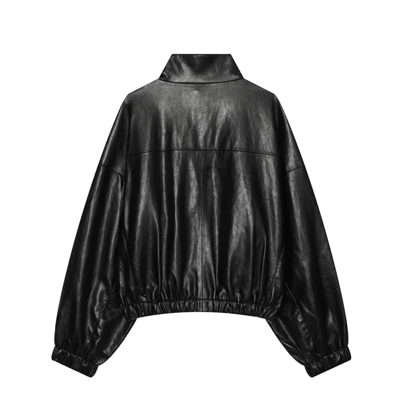 Loose Pure Color Coat Jacket PU Leather Simulation Leather Chimney Collar Short Sleeve Long Sleeve Women's Winter Fashion