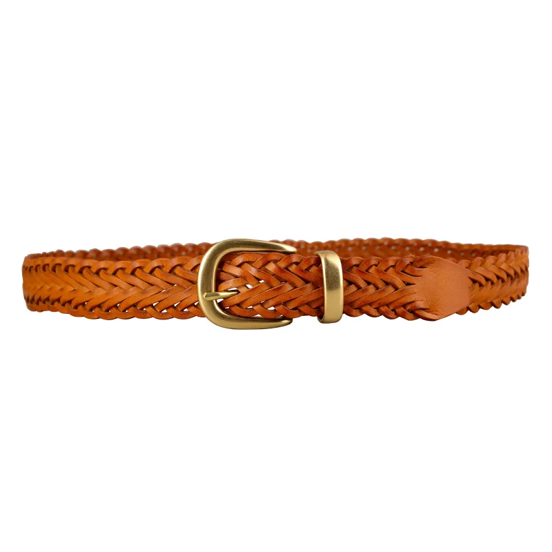 

3cm New Hand Woven Copper Buckle Belts for Women, Female Woving Retro Versatile Fashionable Jeans Strap Belt