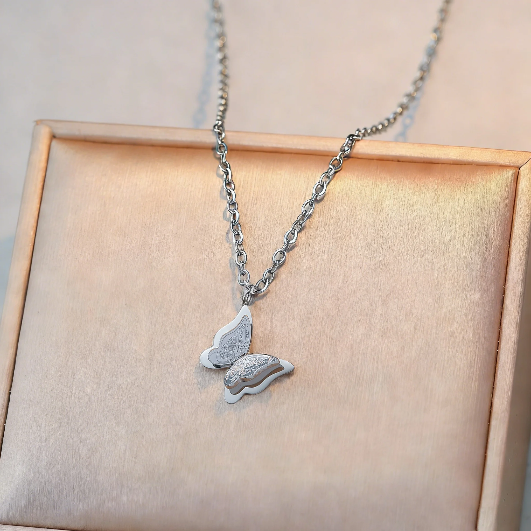 Muslim Quran 304 Stainless Steel Butterfly Necklace With Islamic Scriptures Gold/Silvery Color Arabic Chain Jewelry for Women view 4