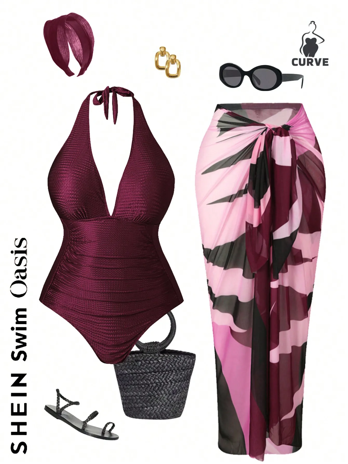 Plus Size Halter One-Piece Swimsuit with Color Block Cover-Up Skirt Set for Women Summer Beach Cruise Outfit