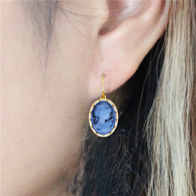 Pendientes ovalados de camafeo para mujer, Color dorado, rosa, púrpura, azul, colgante de flor a la moda, pendiente de camafeo