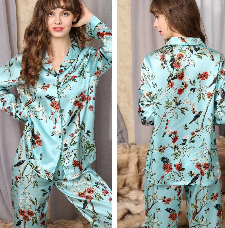 Quality Flower Print Silk Pajamas For Women Long Sleeved Mulberry Silk Pajama Set Women's home clothes ladies two-piece set