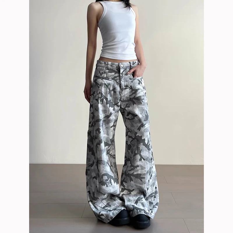 

ZHIZOU Autumn Womens Jeans High Waist Baggy Casual Vintage Y2K Camouflage Straight Pants Street American Wide Leg Denim Trouser