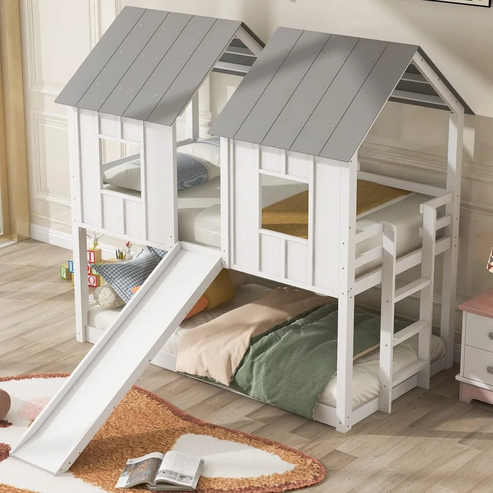 

Twin-Over-Twin Wooden House Bunk Bed with Slide, Windows, Ladder and Guardrails, Twin Size White House Bunk Bed