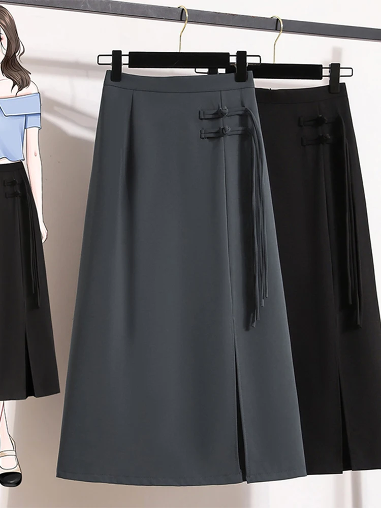 

Новая женская юбка в китайском стиле, лето 2026, большие размеры, ретро, однотонная, с пуговицами, разрезом, А-силуэт, для офиса, с высокой талией