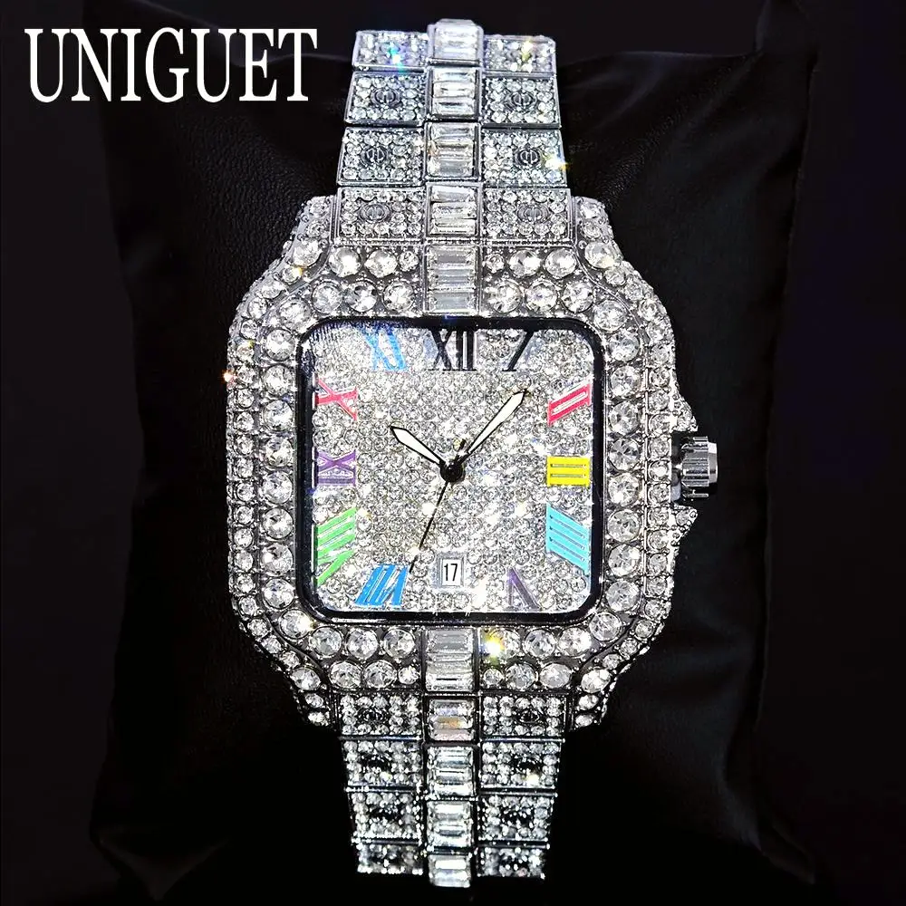 Relojes de hielo de Hip Hop para hombre, marca UNIGUET, Color de moda, Literal romano, lujo, diamante ostentoso, reloj de pulsera cuadrado AAA, triangulación de envíos