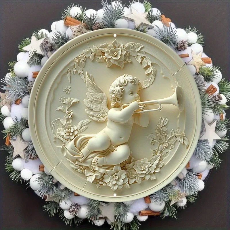 Aluminum Angel Cherub Metal Sign, Wall Art, Decorative 2D Round Relief Plaque, HD Printed, Outdoor, Indoor, Tavern, Home