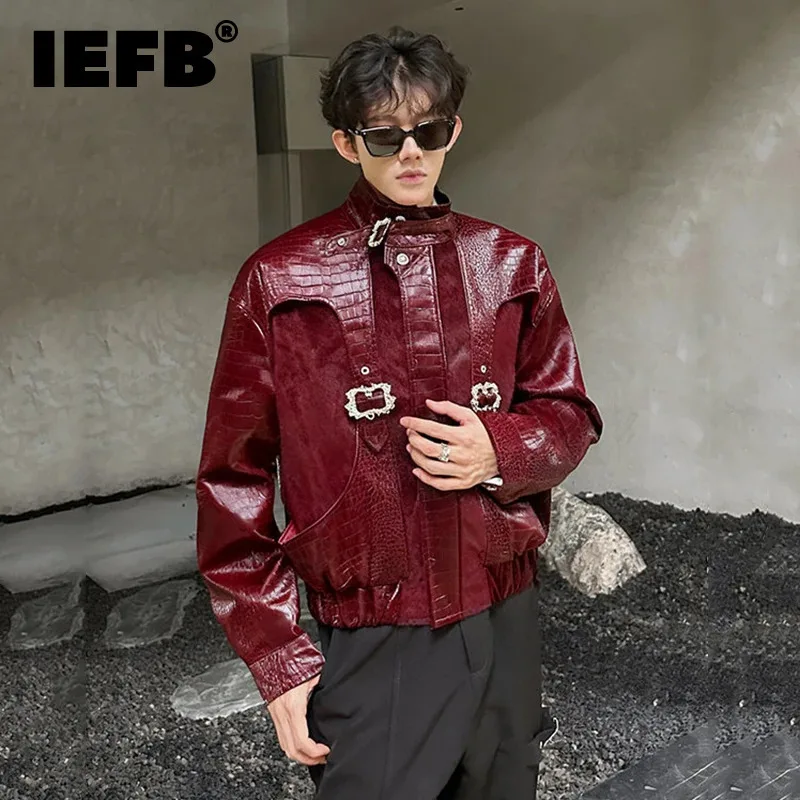 IEFB Niche Design Men's PU Leather Coats Stand Collar Metal Decoration Solid Color Fur Patchwork Loose Male Coats Winter 9X1677