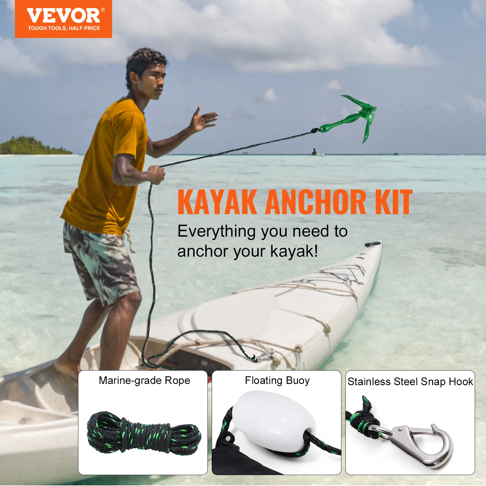 VEVOR Kayak Anchor Kit, 3.5 lb Paddle Board Anchor Kit with 26.2 ft/8 m Rope and Buoy, Folding Small Boat Anchor