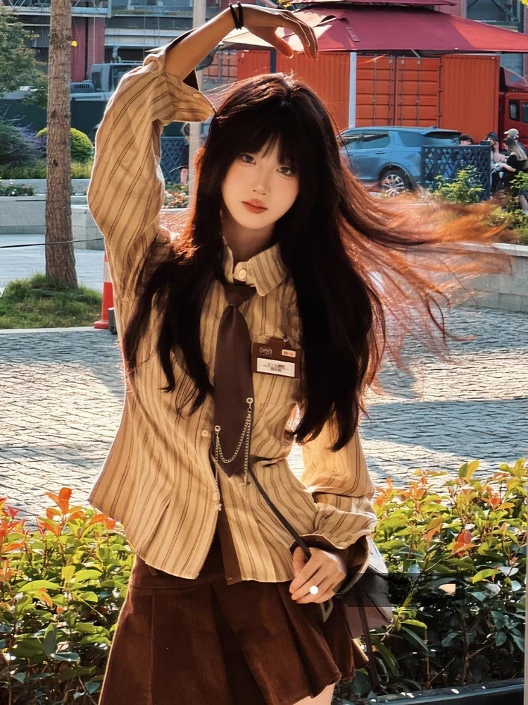 

Свободный женский комплект в полоску в стиле ретро в Корейском стиле Sle School orm Set Ci Walk ort Sve Button up Girls Faion