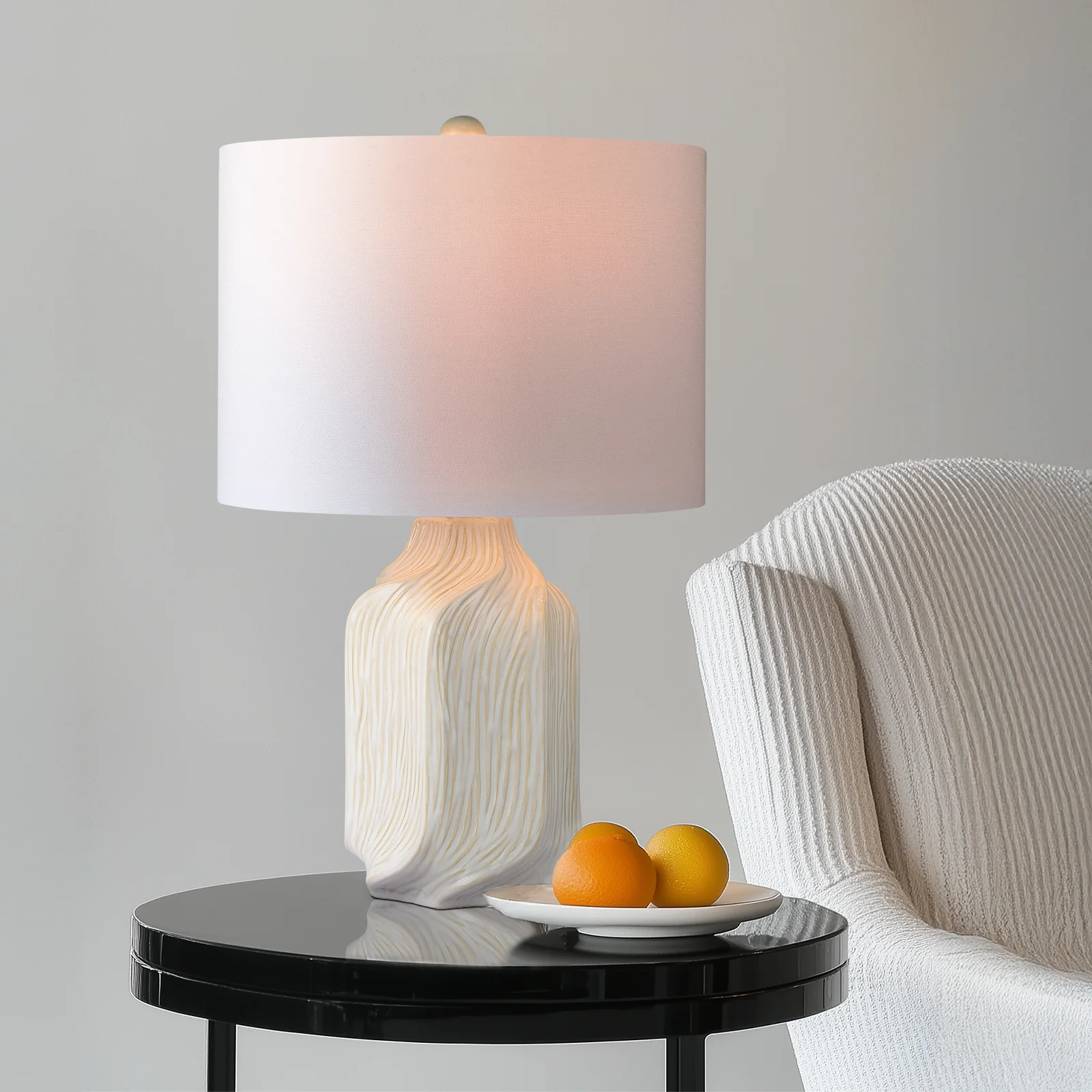 

21 Inch Etched Ceramic Table Lamp With Shade, Gloss White Glaze Handcrafted Accent Lamps For Living Room, Bedroom