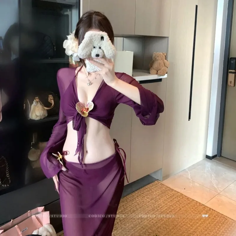 

Burgundy Halter Triangle Bikini Set with Sheer Maxi Skirt Tie Side Two Piece Swimsuit Cover for Women