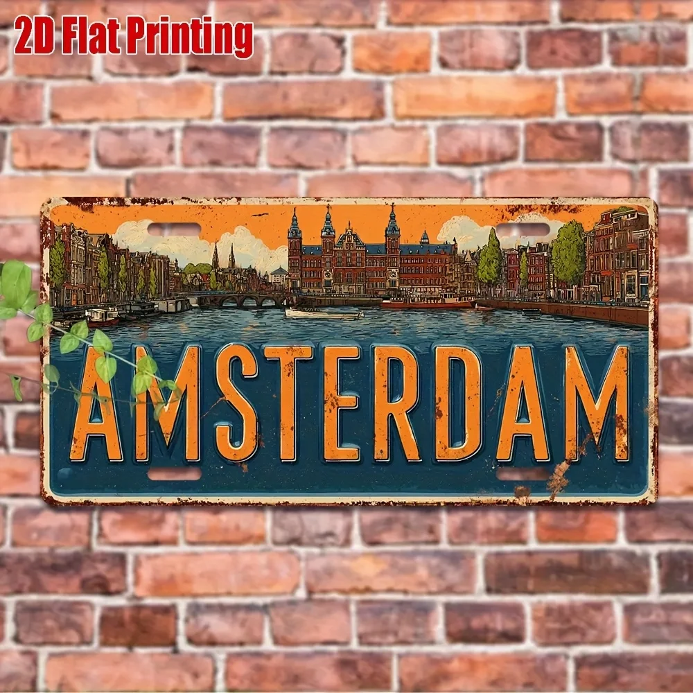 2D Flat 1pc Vintage Amsterdam  Metal Sign, Aluminum Wall Decor with Dutch Cityscape , Suitable for Home, Vehicle, Garden