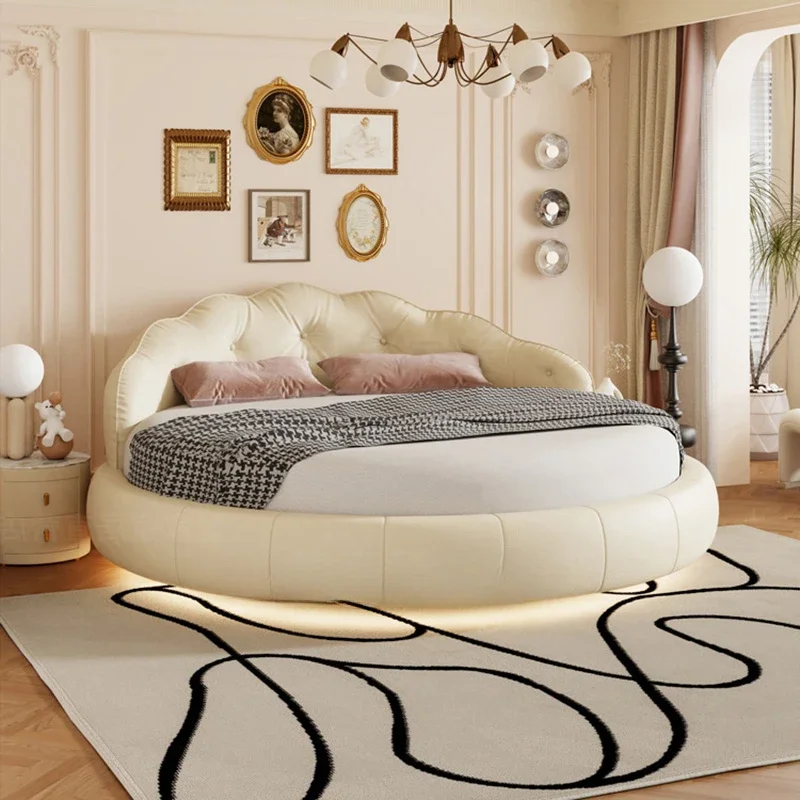 

White Simple Double Bed Modern Headrest Loft Floor Bedroom Double Bed Home Round Girls Sleeping Letto Matrimoniale Furniture