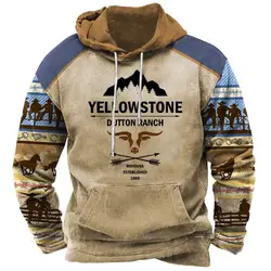 Vintage Men's Hoodie Yellowstone 3D Print Cowboy Hooded Sweatshirt Casual Streetwear Unisex Pullover Fashion Plus Size Tracksuit