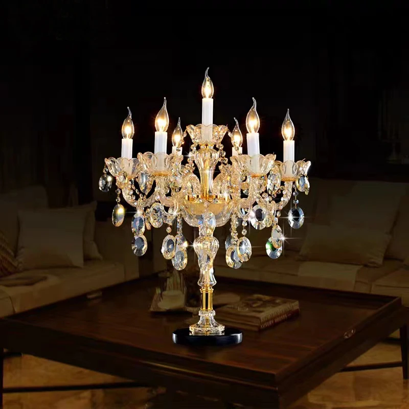 Luxury Amber Candle Style Crystal Table Lamp European Style Study Desk Lamp For Living Room Bedroom Bedside Decor Lighting