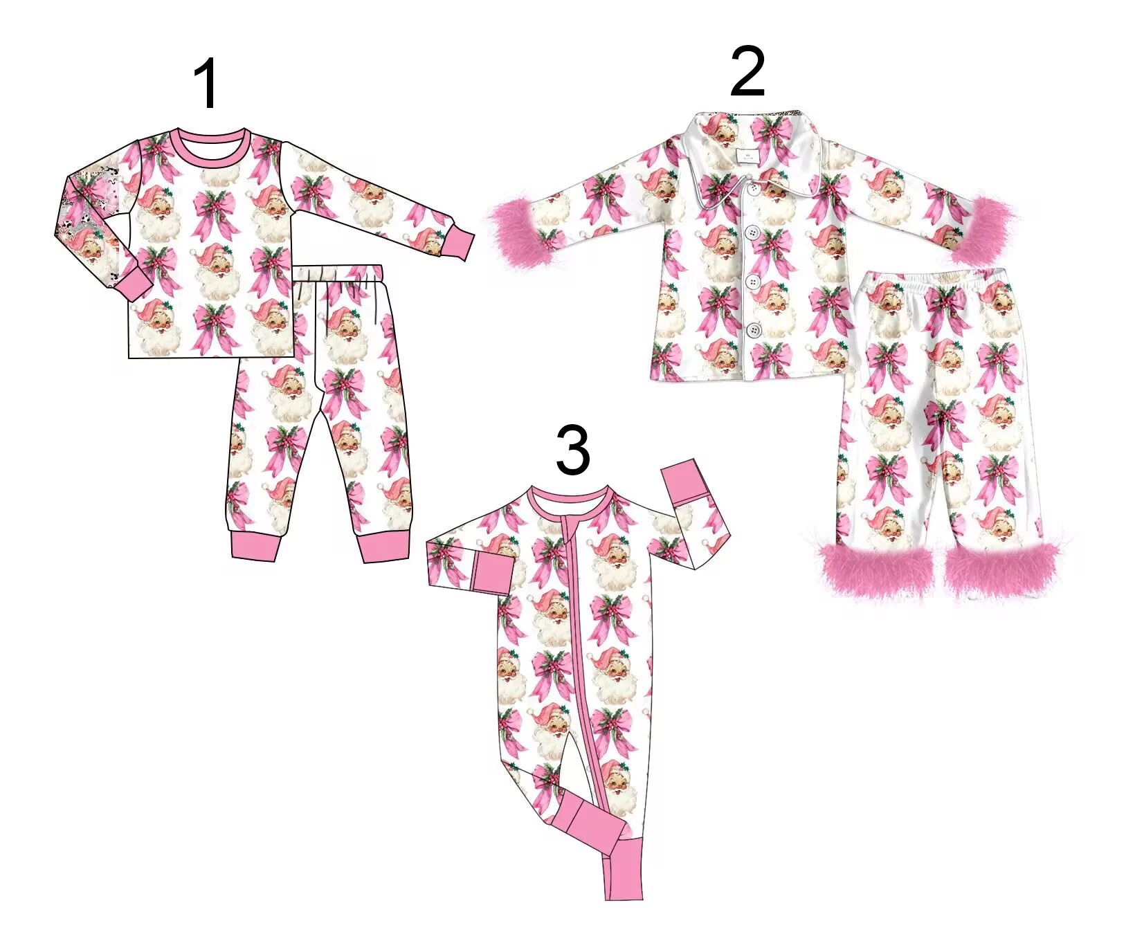 

Christmas Infant Girls Pajamas Pink Long Sleeve Pants Set Girls Newborn Bodysuit Elderly Bowknot Print Wholesale