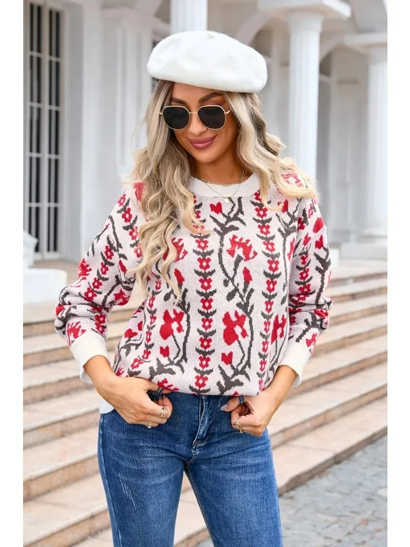 Retro Elegant floral Print Sweater Pullover Winter Women\'s Tops New Jacquard Branch O Neck Full Sleeve Knitted Fashion Sweater