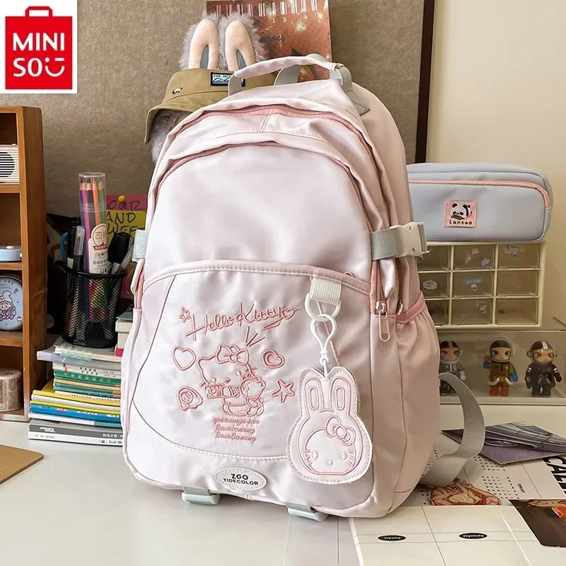 MINISO Academy Style High Quality Canvas Backpack Student Cartoon Hello Kitty Large Capacity Reduced Load Lightweight Backpack