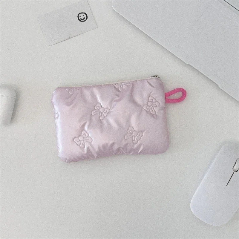 Silver Bow Pattern Coin Wallet Women's Headphones Coin Key Wallet Organizer Zipper Bag Cosmetic Bag