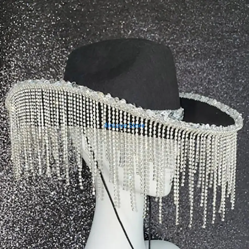 

T4MD Ковбойская шляпа со стразами, блестками и бахромой, блестящая шляпа Rave Cowgirl, один размер