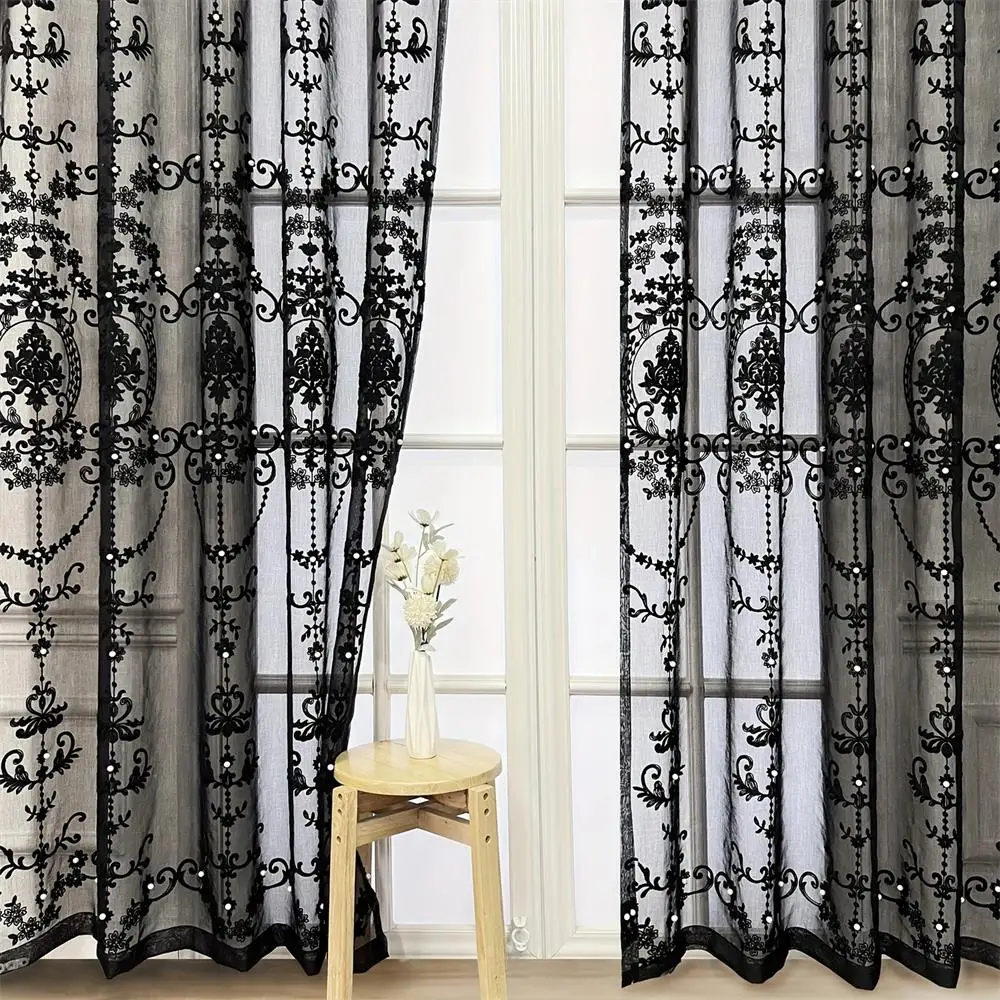 Romantic Beaded Black Embroidered Tulle Curtain For Living Room Bedroom Light Filtering Window Drapes Voile Home Decoration