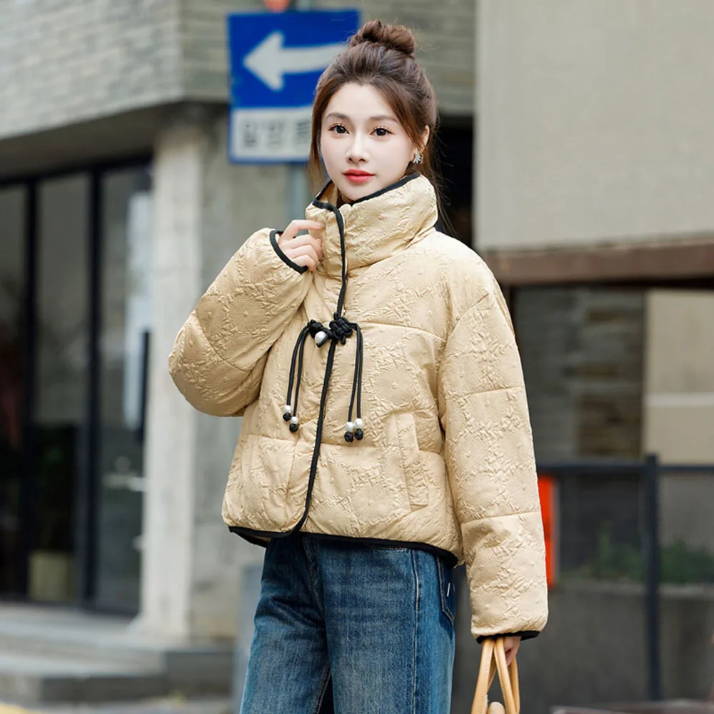 Elegant Vintage Down Jackets For Women Winter New Cotton Padded Fashion Women's Puffer Coat Female Stand Collar Parka Outerwear