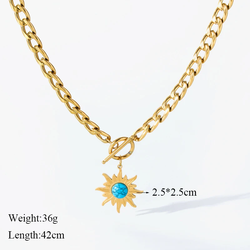 EILIECK 316L Stainless Steel Sun Green Stone Pendant Necklace For Women Girl Trendy Punk Thick Chain Jewelry Lady Gift Party
