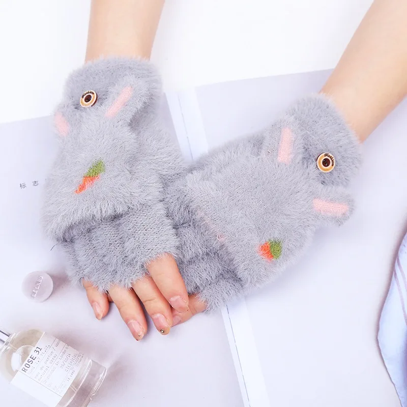 Fashion Women Plush Warm Glove Fur Rabbit Cat Mittens Flip Fingerless Gloves Soft Girls Thick Gloves Flexible Half Finger Winter