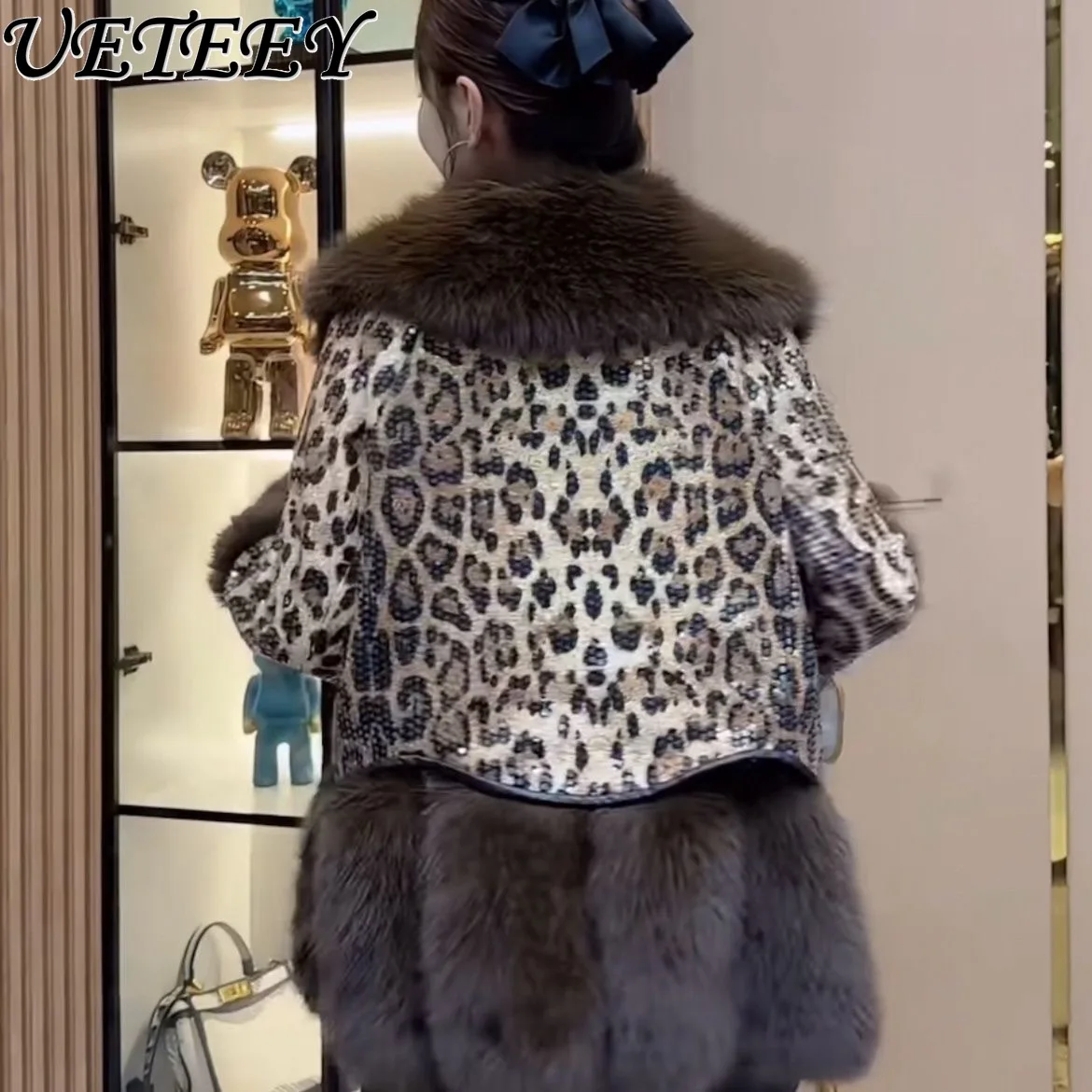 جديد المرأة ليوبارد طباعة الترتر فو الفراء معطف مع طية صدر السترة الكبيرة الشتاء أنيق الشباب موضة مبطن الدافئة الراقية سترة