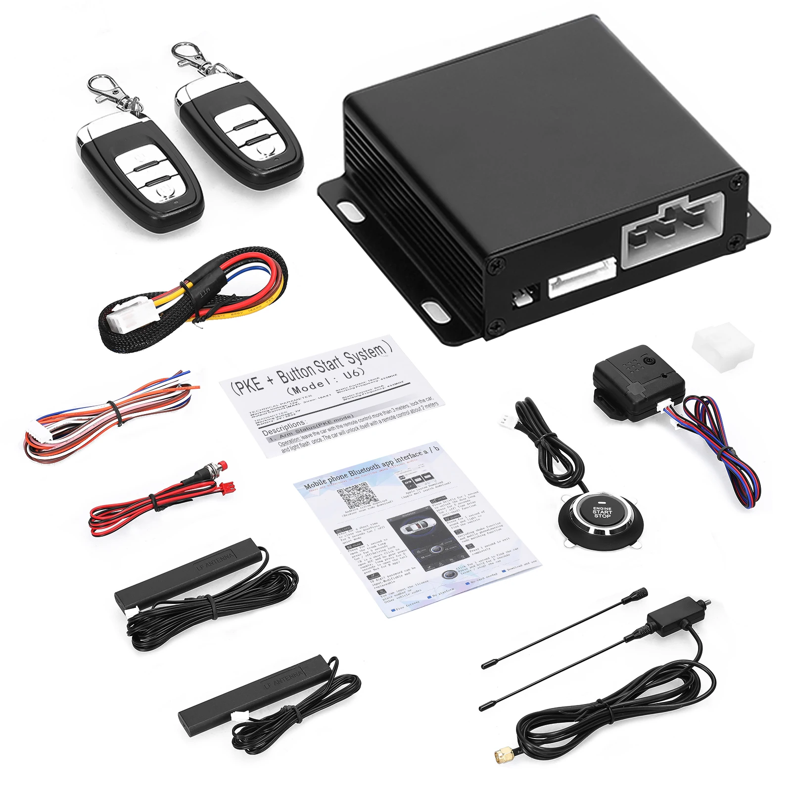 12V Car Anti-Theft Alarm BT Remote Starter System  Keyless Entry Central Lock Kit Support APP Control 2 Remote Controller Black