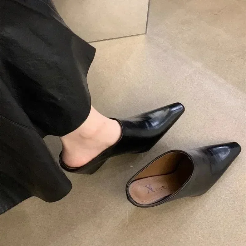 2024European American Baotou Half Women\'s Soft Leather Slope Heel High  Cool Fashion Outwear Thick  Lazy Muller Shoes